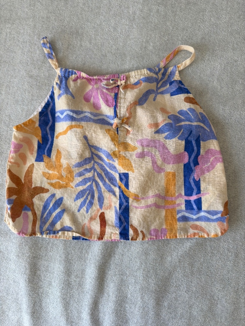 Zara Girls’ Linen Tank Top with Bold Tropical Pattern in Blues, Pink, and Browns
